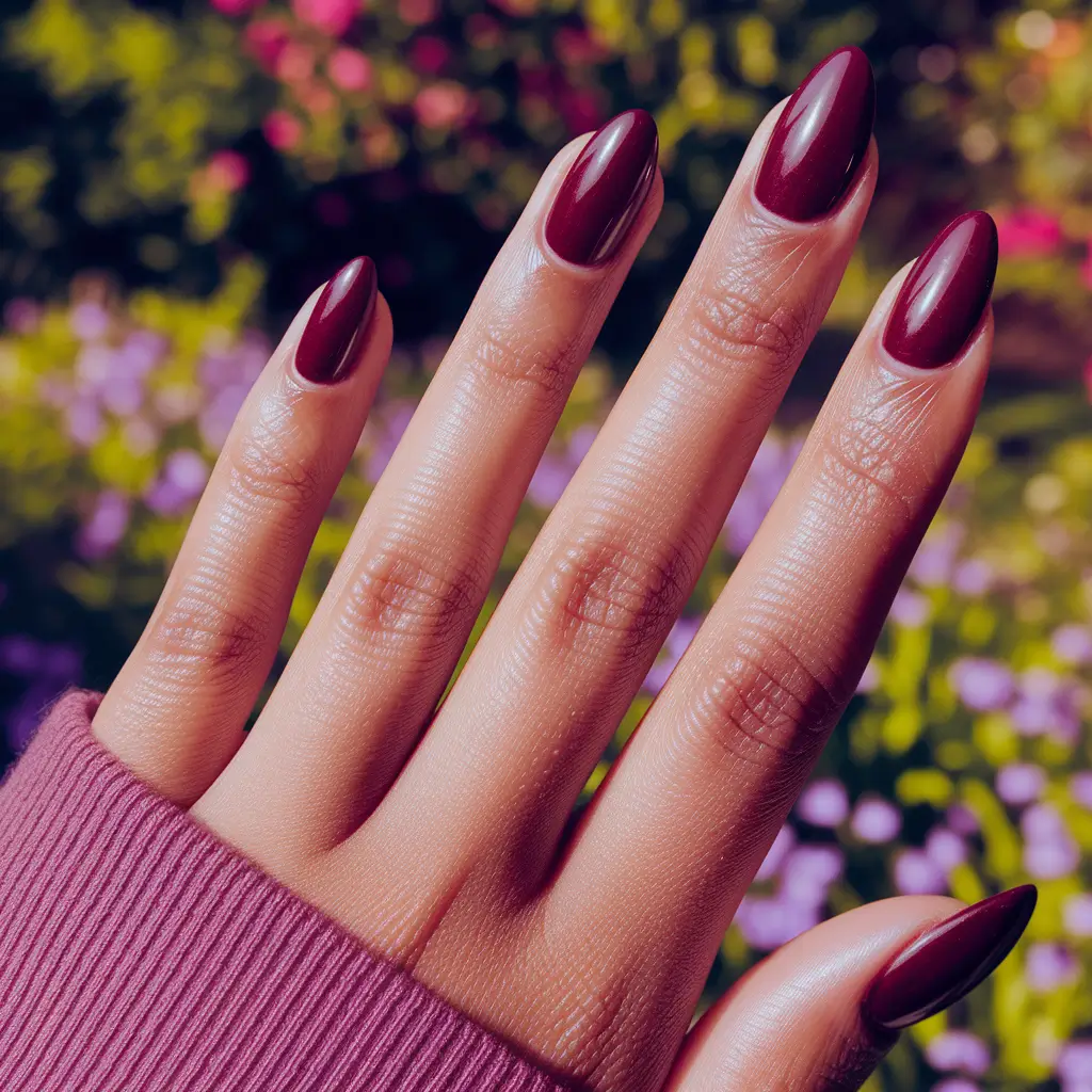 Trendy Fall 2025 Nail Colors for Dark Skin – Merlot Oval Shine