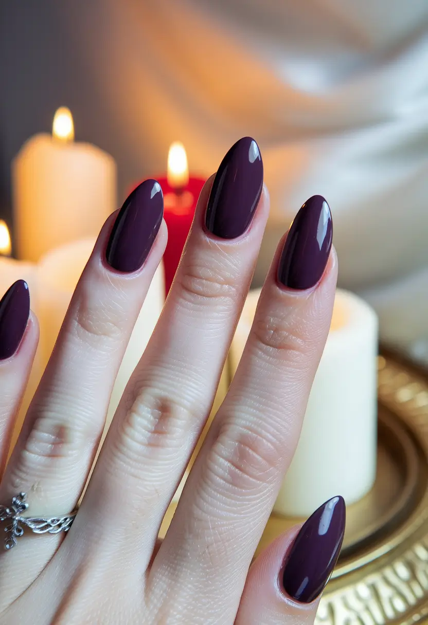 2025 Fall Nail Colors for Fair Skin - Deep mulled plum on almond tips