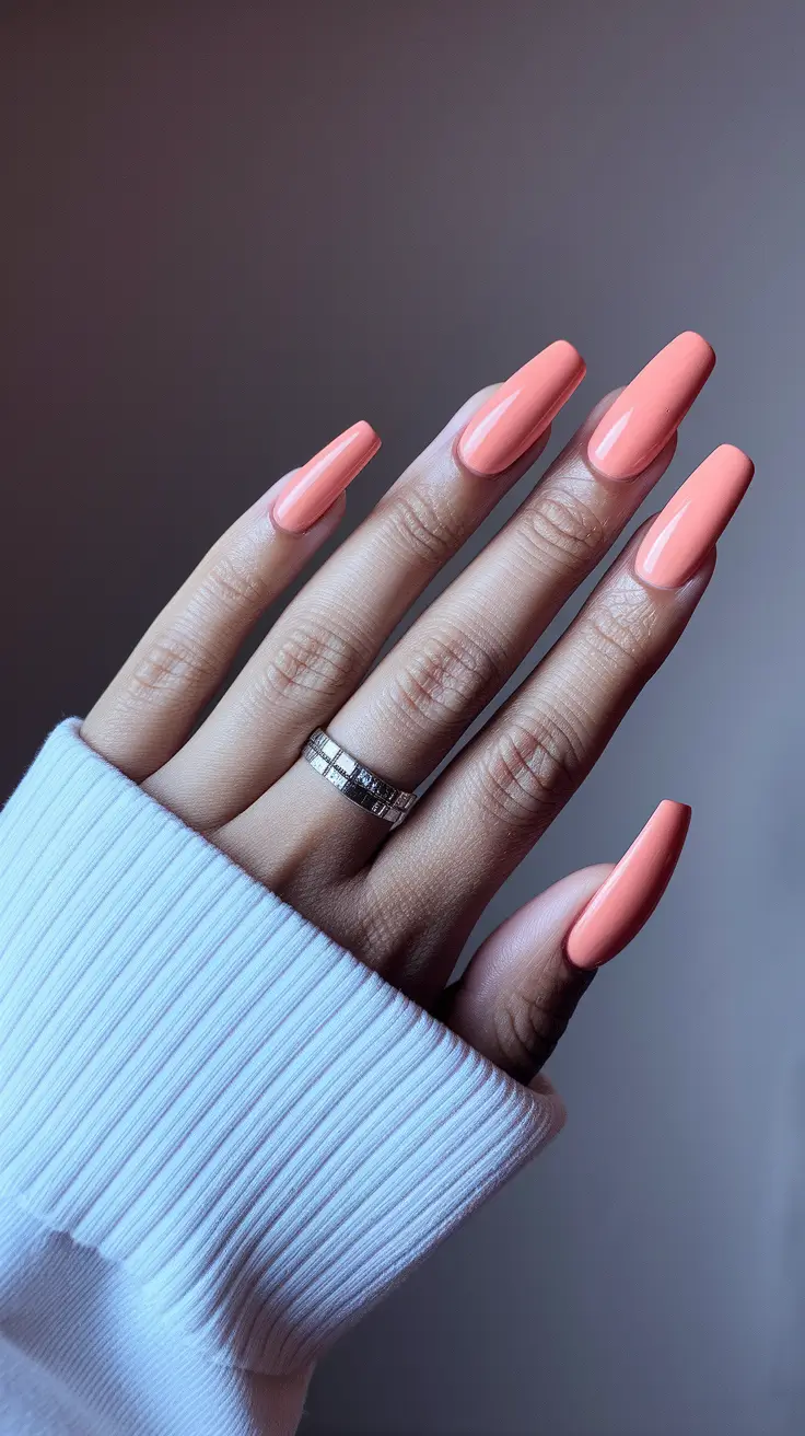 fall nail colors medium skin — Soft Persimmon Coffin Shine