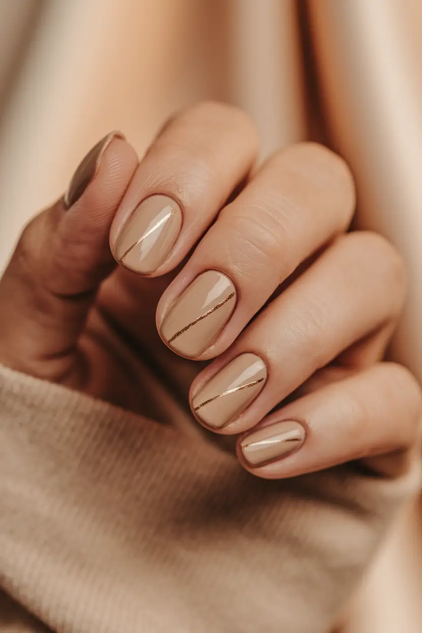 fall nail colors for medium skin - Latte Nude With Micro-Gold Line