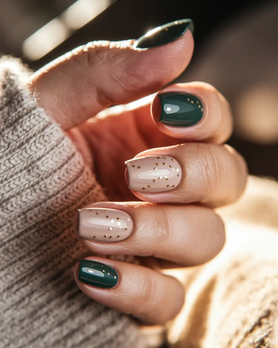 fall nail designs forest green and gold dust charm
