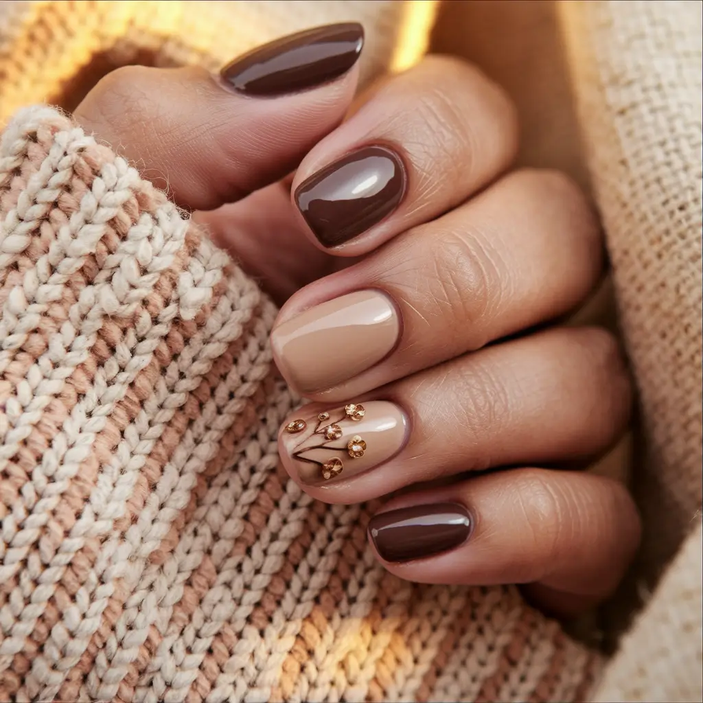 fall nail designs cozy mocha & embellished neutrals