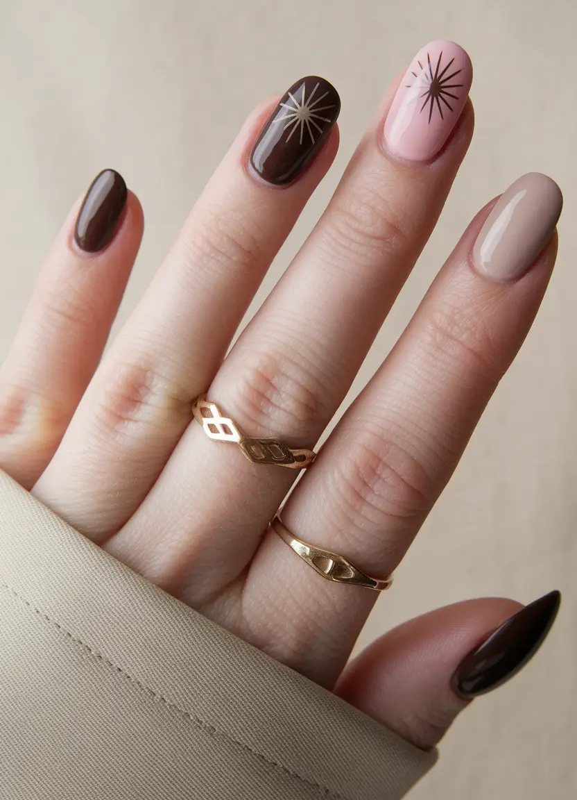 fall nail designs warm cocoa and blush contrast