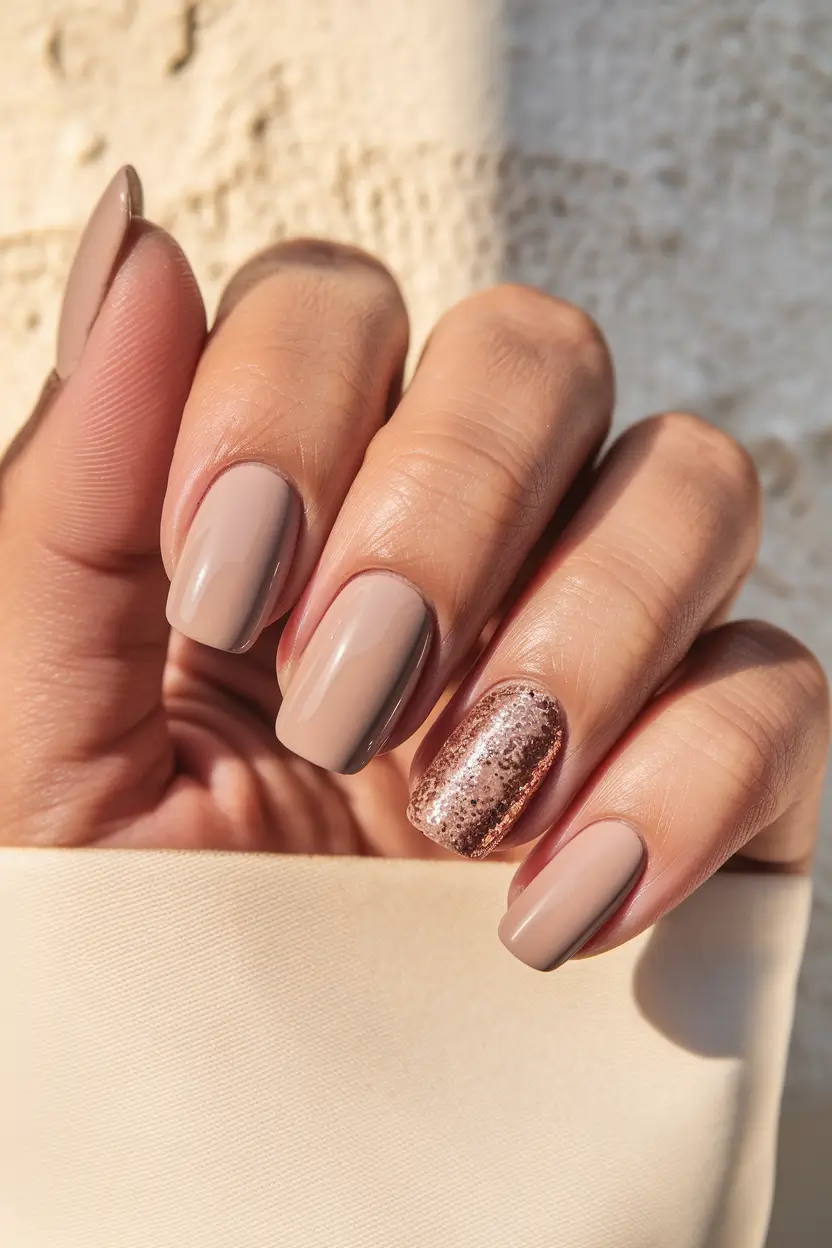 fall nail designs soft taupe with a sparkle pop