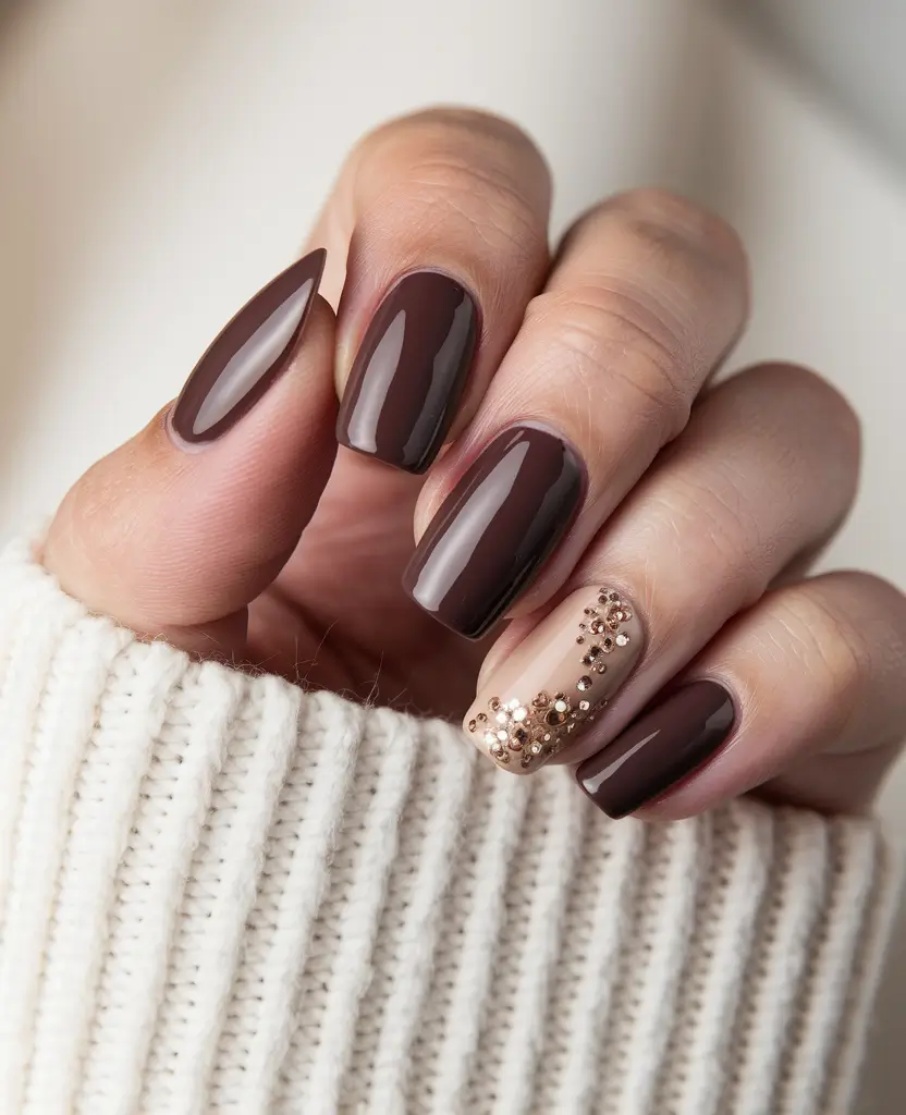 fall nail trends brown Gilded Accents on Deep Cocoa
