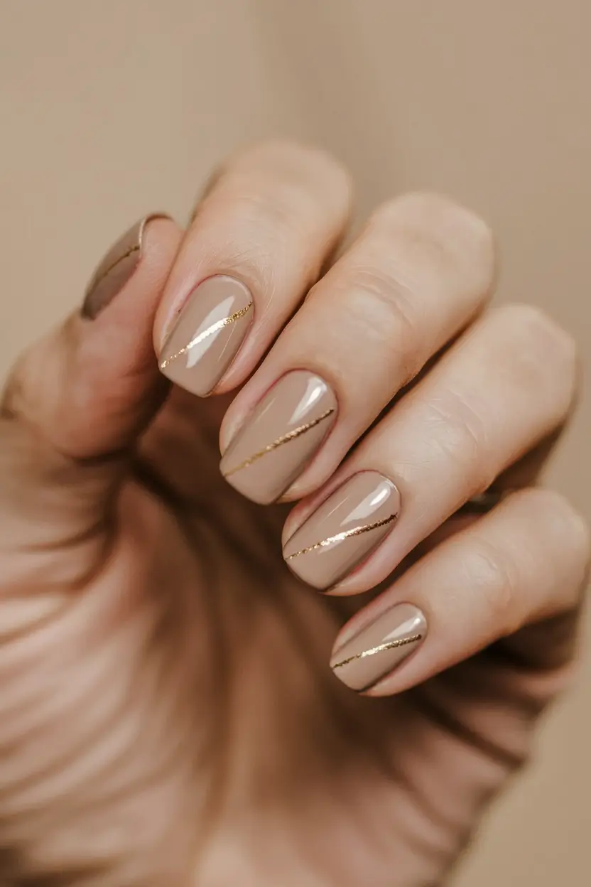 fall nail trends short nails Minimal Taupe with Gold Accents