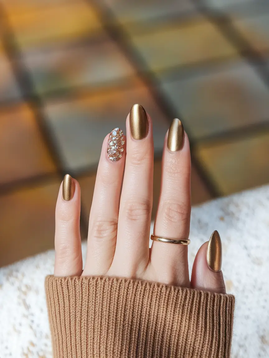 fall nails oval shape long Golden Hour Glitz