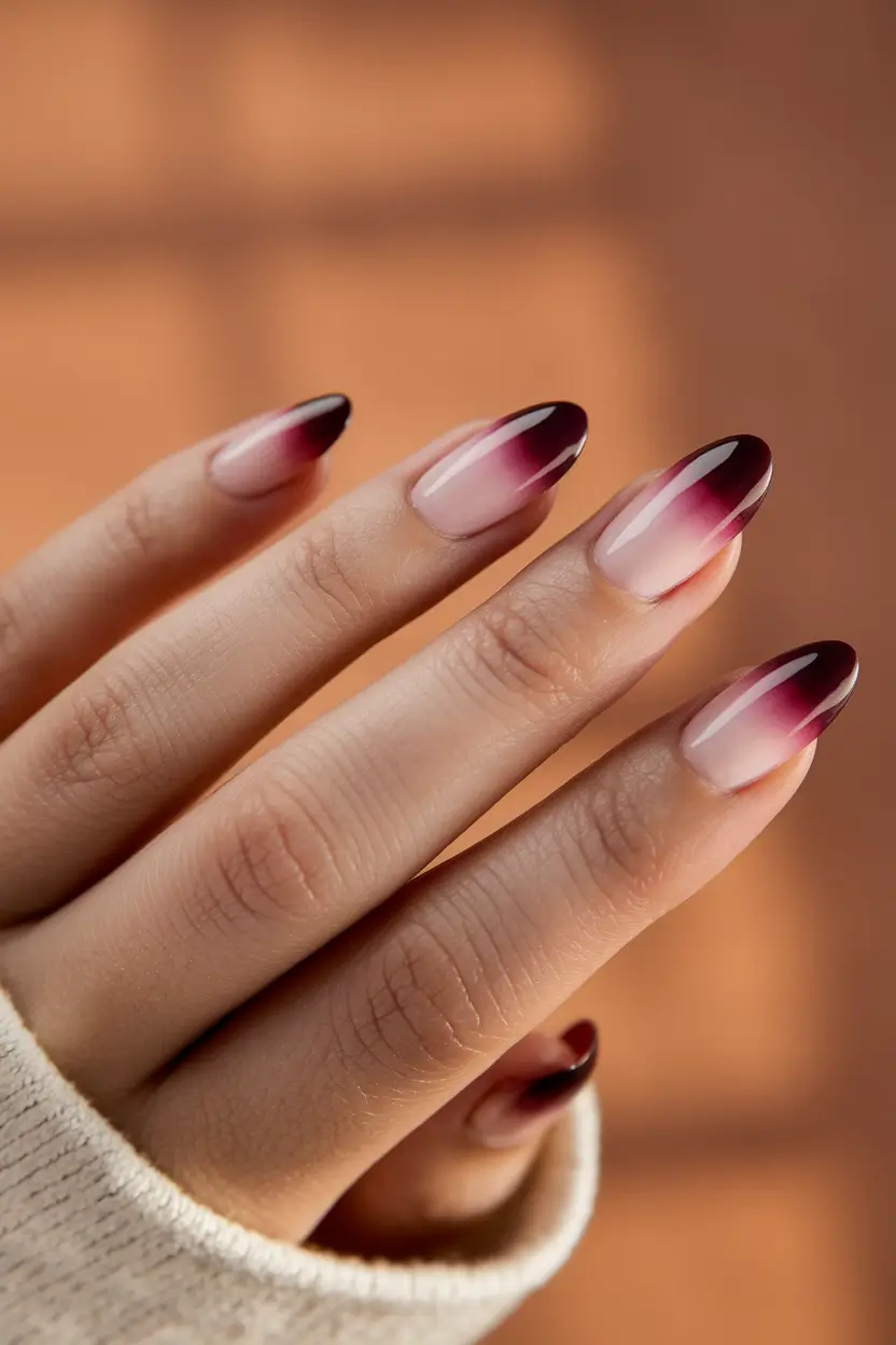 fall nails oval shape french tip Wine-Stained French Fade