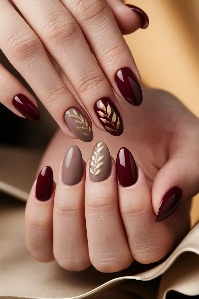 fall nails oval shape red Berry Gold Laurel