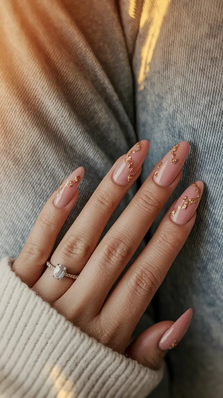 fall nails oval shape design Gold Dusted Neutrals