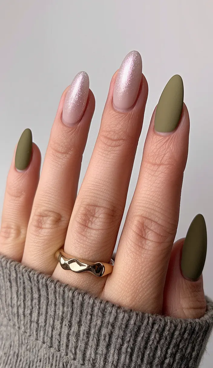 short oval shaped fall nails Matte Meets Sparkle
