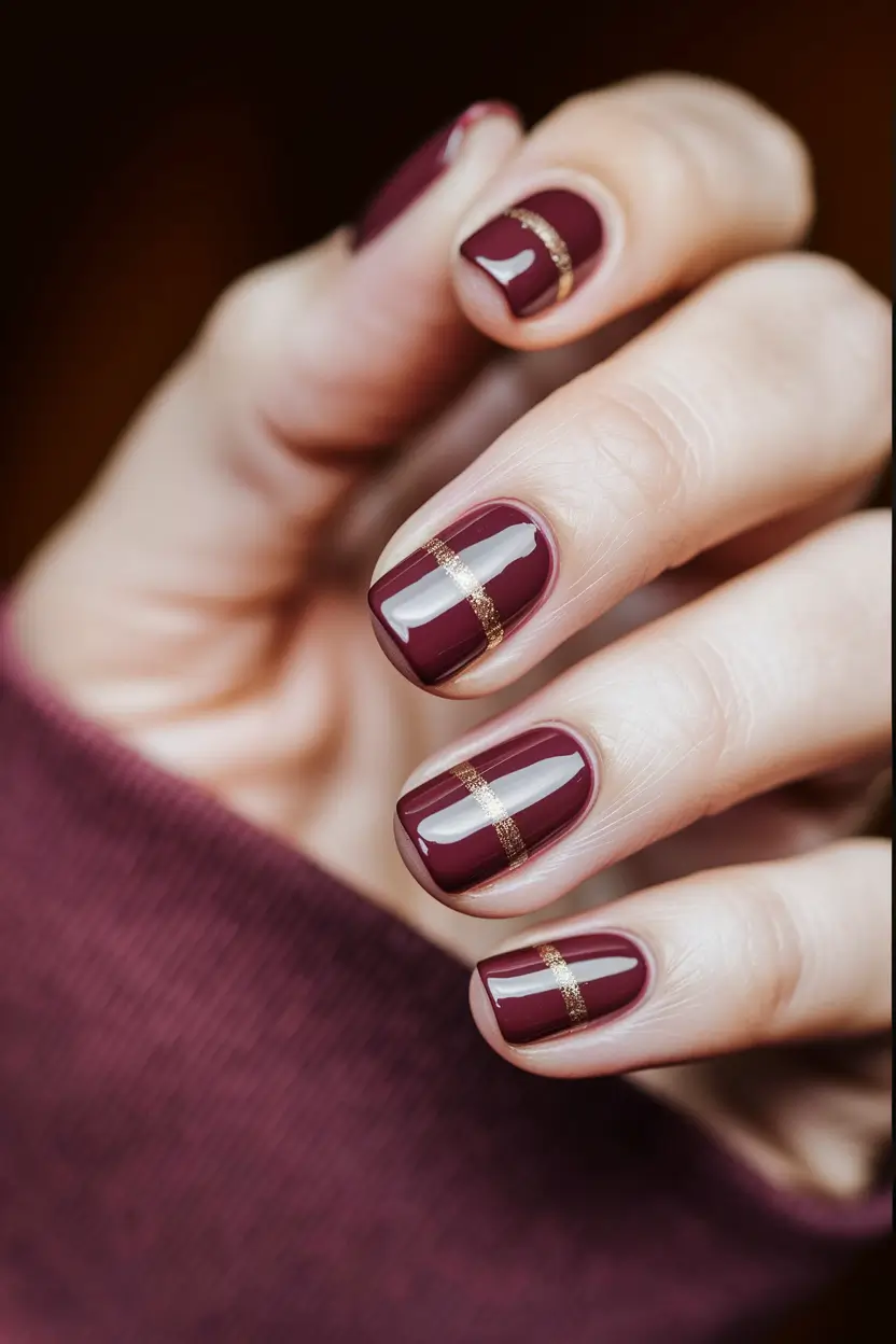 Trendy Square Nails for Fall 2025 – Garnet Stripes with Gold Minimal Accents