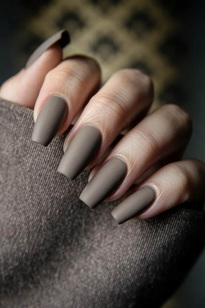 Trendy Square Nails for Fall 2025 – Mushroom-Taupe Velvet Matte