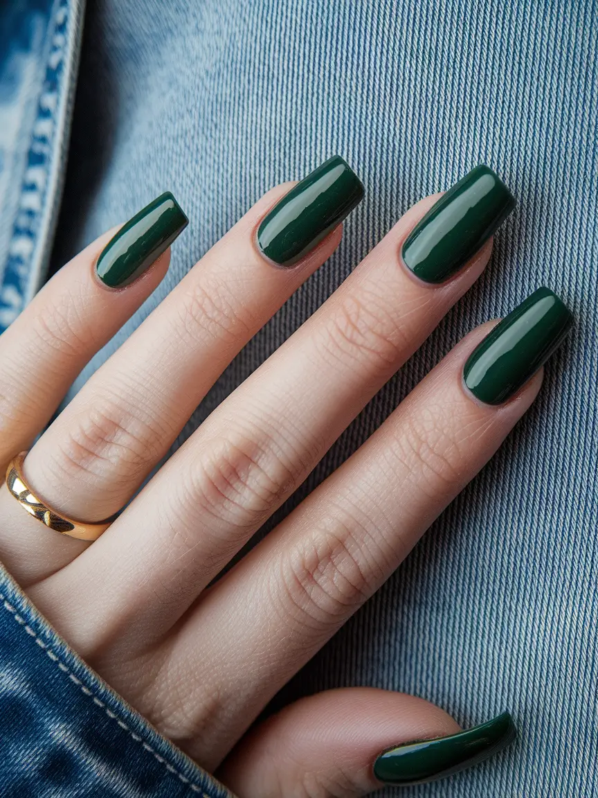 Trendy Square Nails for Fall 2025 – Evergreen Cream on Mid-Length Squares