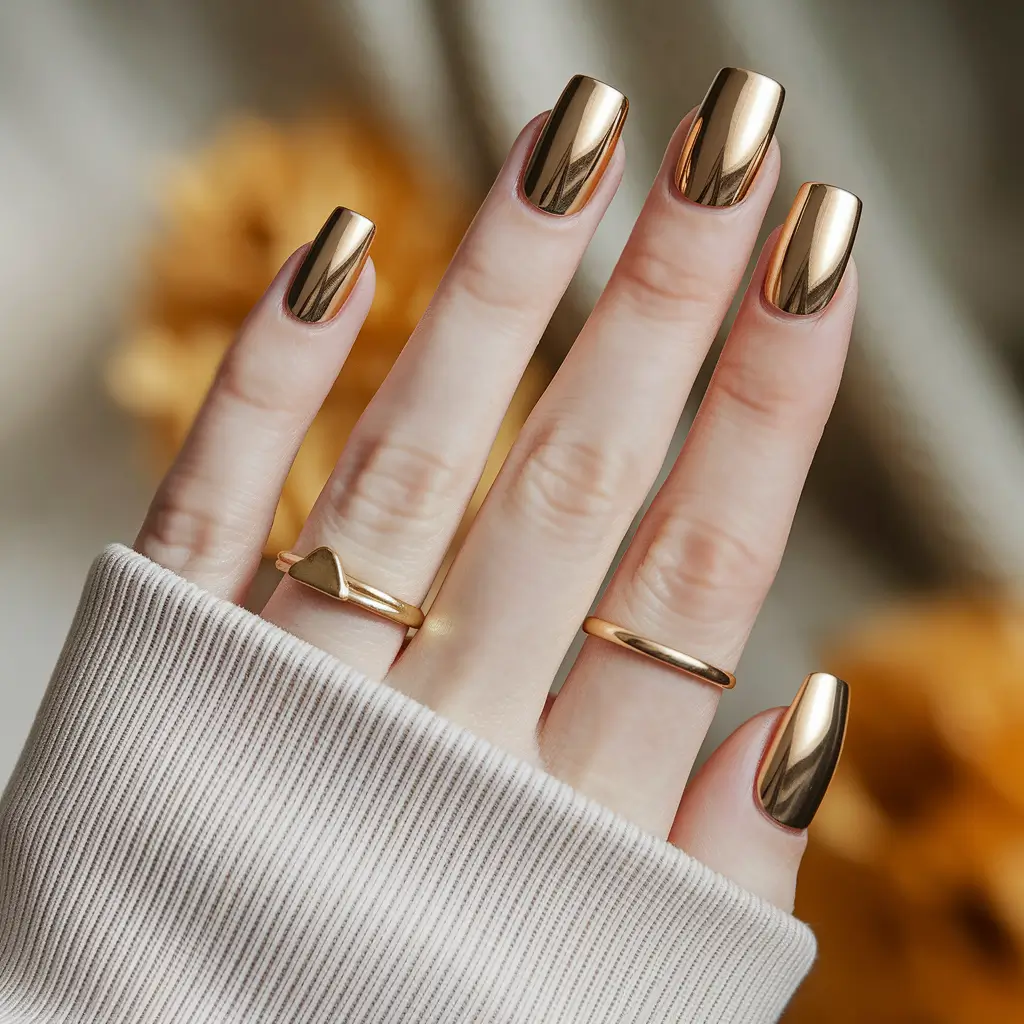 Trendy Square Nails for Fall 2025 – Liquid-Gold Chrome Squares