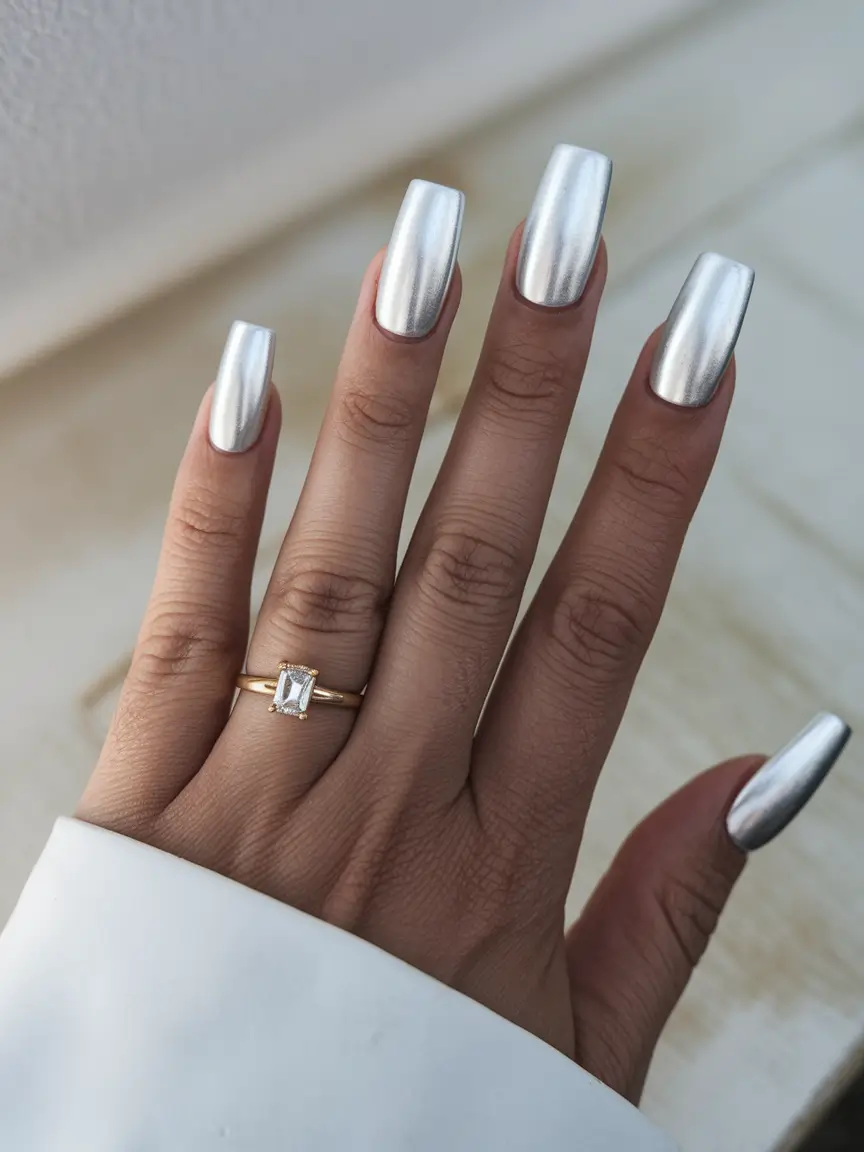 Trendy Square Nails for Fall 2025 – Platinum-Silver Mirror for Fashion Week Energy