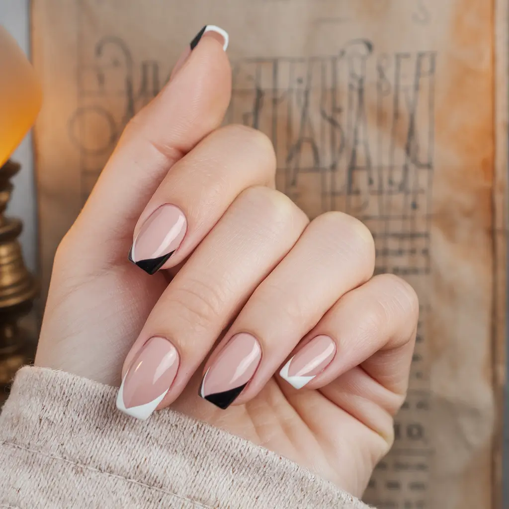 Trendy Square Nails for Fall 2025 – Graphic Noir–Ivory French