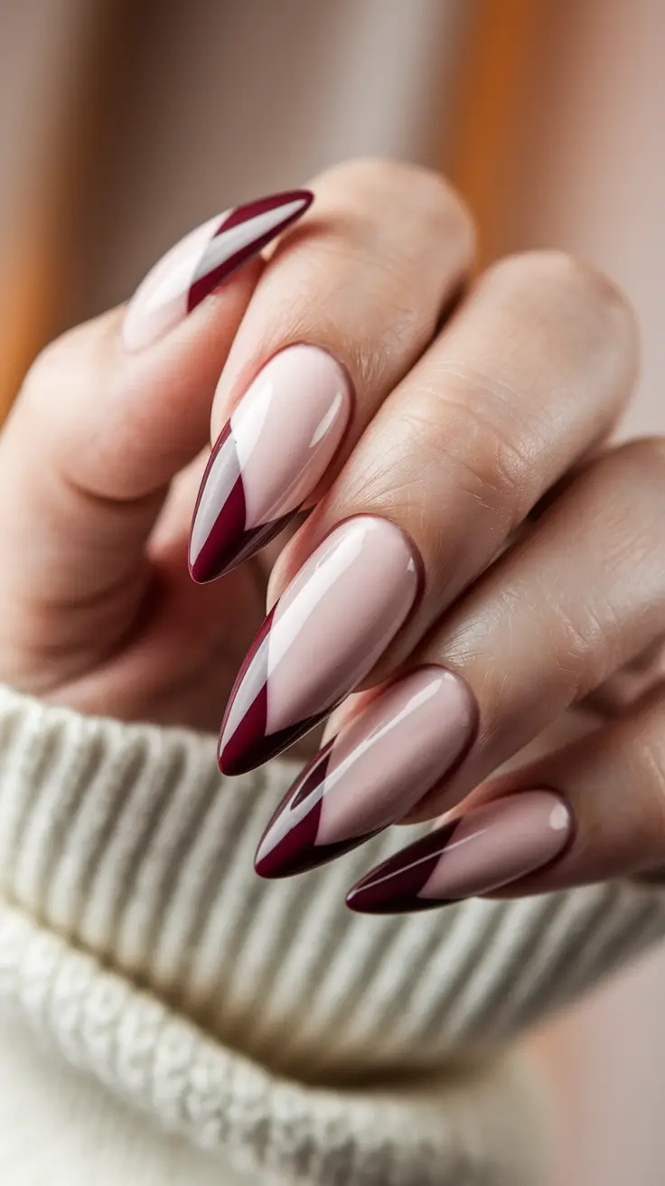 fall stiletto nails red Wine-Tipped French with Geometric Flair