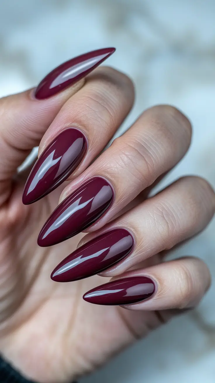 fall stiletto nails dark Deep Mulberry High Gloss