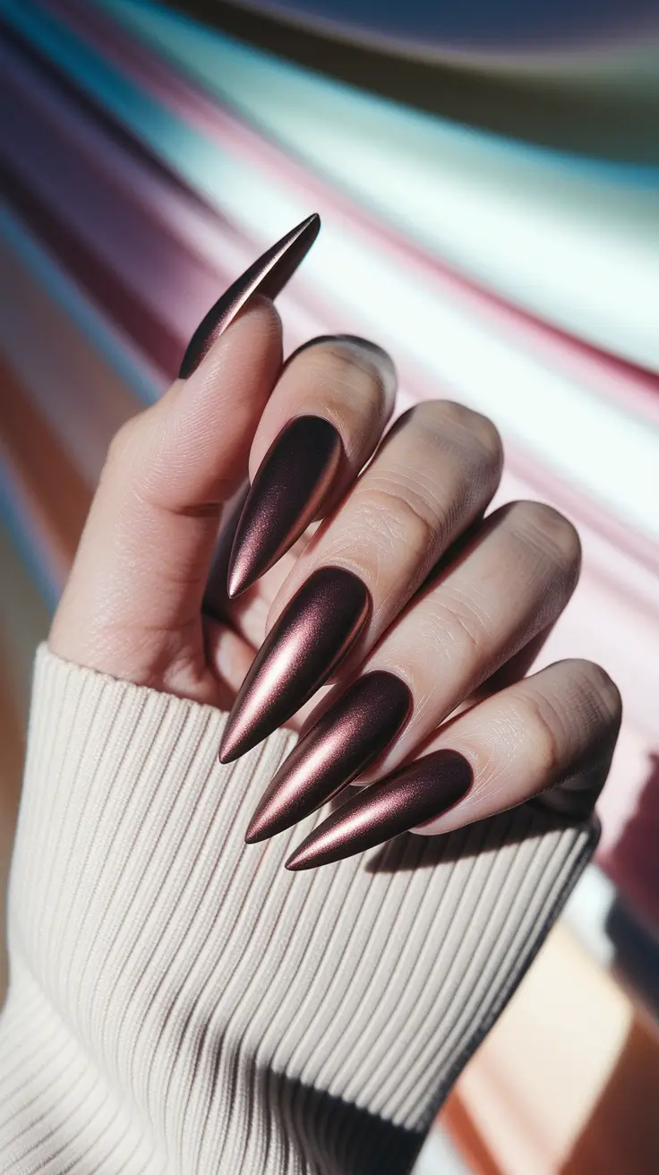 fall stiletto nails design matte Velvet Burgundy Chrome