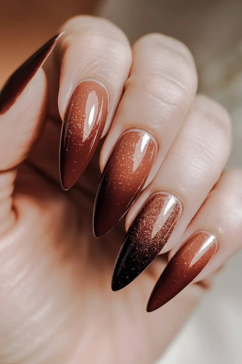 fall stiletto nails design brown Glazed Caramel Gradient