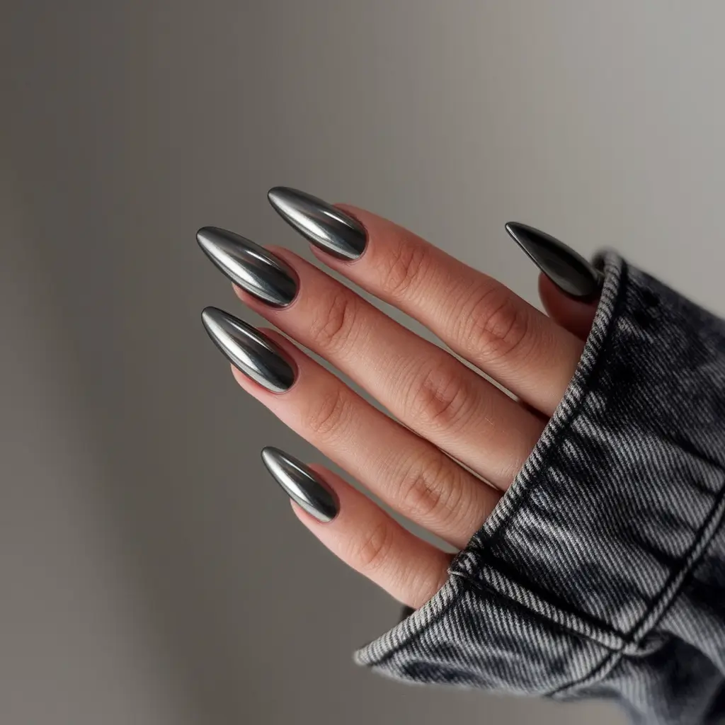 fall stiletto nails dark Gunmetal Mirror Effect