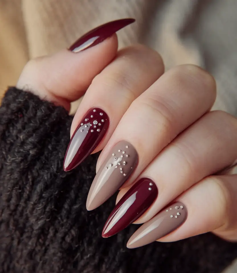 fall stiletto nails design almond Wine & Taupe with Gem Accents