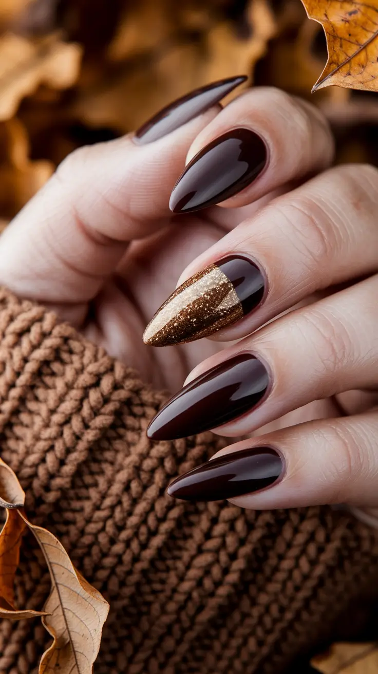 fall stiletto nails design brown Golden Detail on Chocolate Base