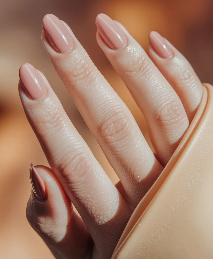 Round Fall Nails 2025 Designs — Latte-Nude Almond Shine