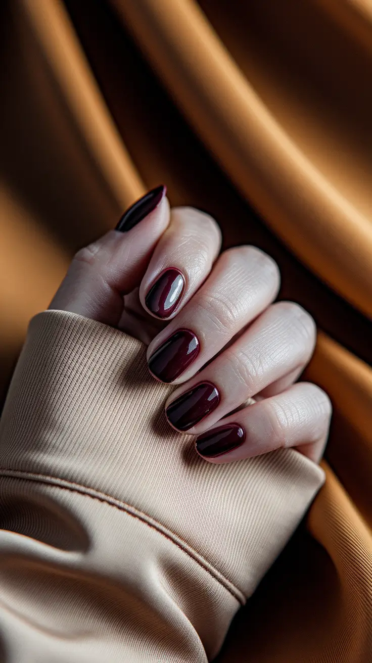 Round Fall Nails 2025 Designs — Black-Cherry Gloss Round