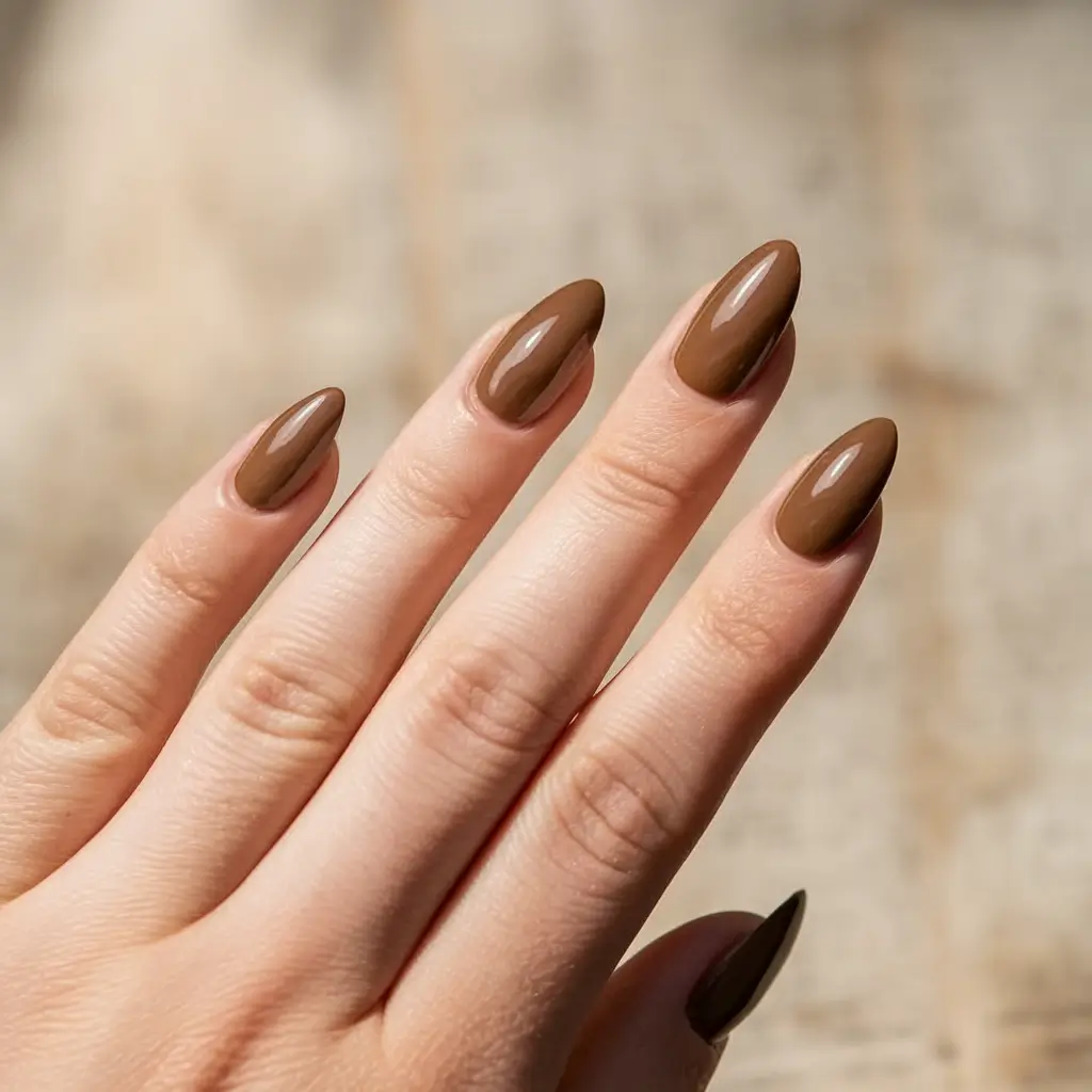 subtle fall nails almond brown gloss