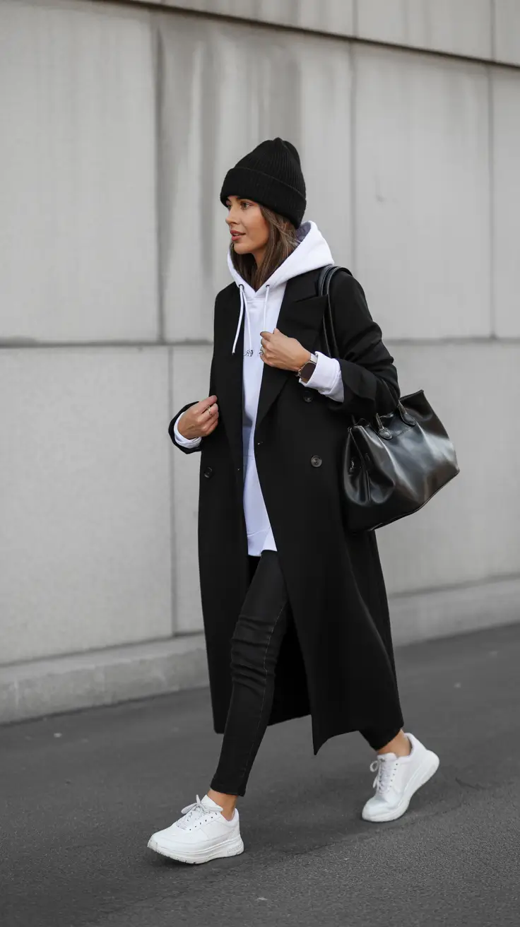 early winter outfits 2025 - City coat hoodie and crisp sneakers