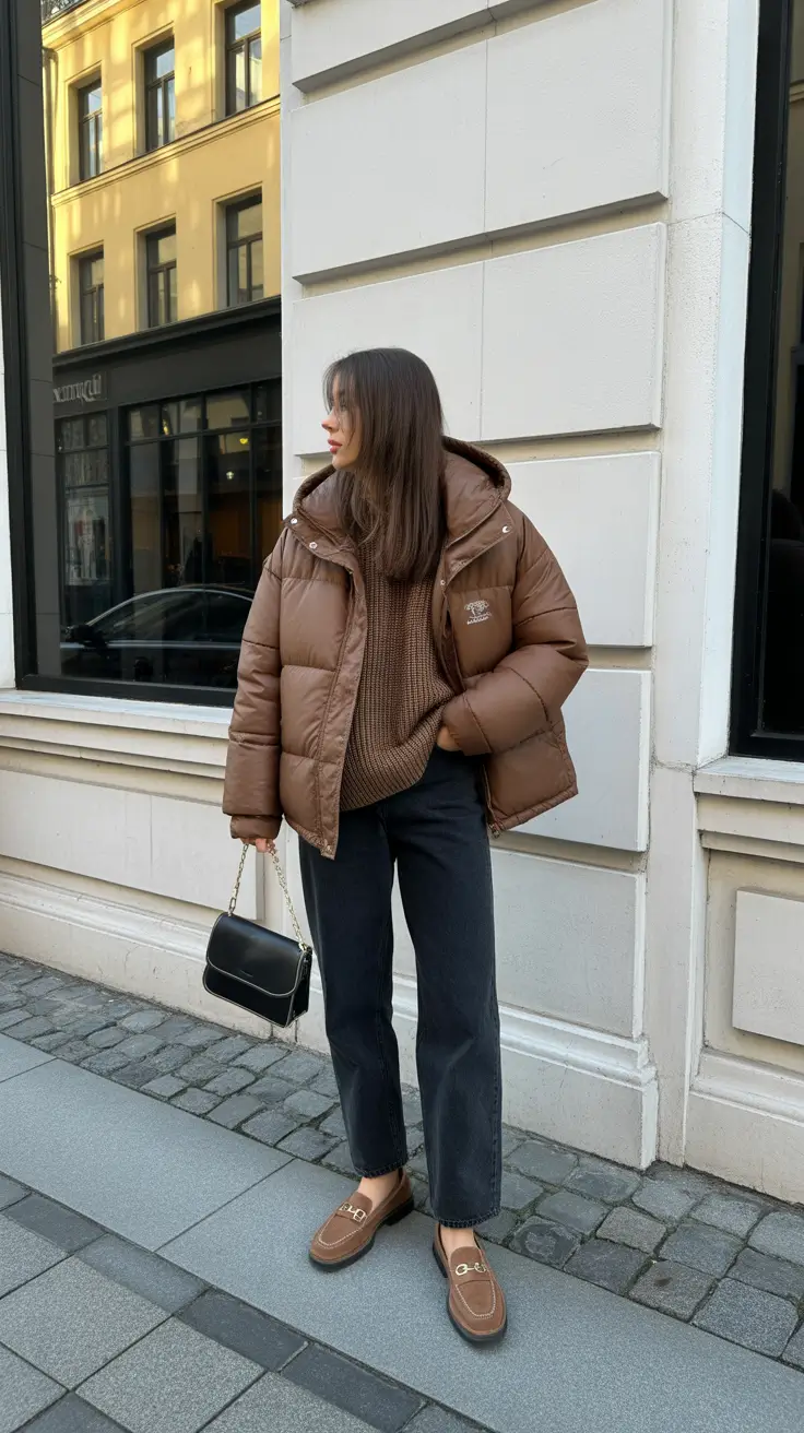 early winter outfits 2025 - Cocoa puffer with charcoal denim and loafers