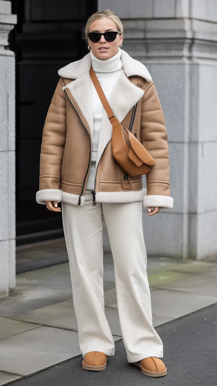 early winter outfits 2025 - Shearling aviator with winter whites