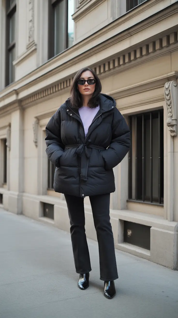 early winter outfits 2025 - Black belted puffer with sleek base layers