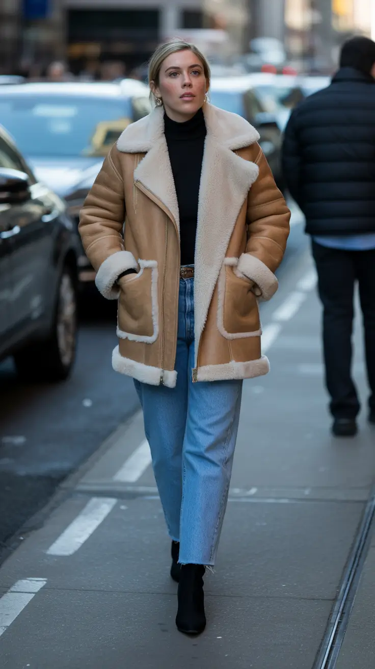 early winter outfits 2025 - Camel shearling coat with denim and black accents