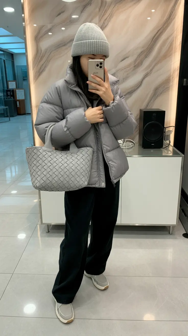 early winter outfits 2025 - Monochrome gray puffer set with soft beanie and woven tote