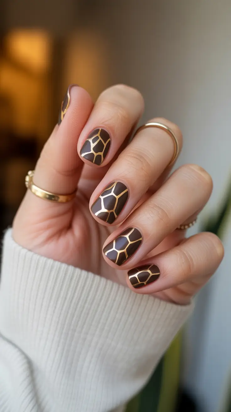 Animal Print Nails for Fall 2025 - Gilded Giraffe Grid On Short Chocolates
