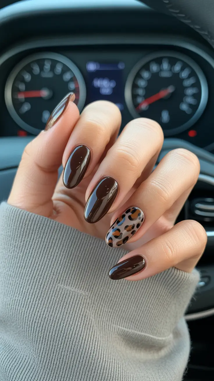 Animal Print Nails for Fall 2025 - Mocha Gloss With Leopard Accent
