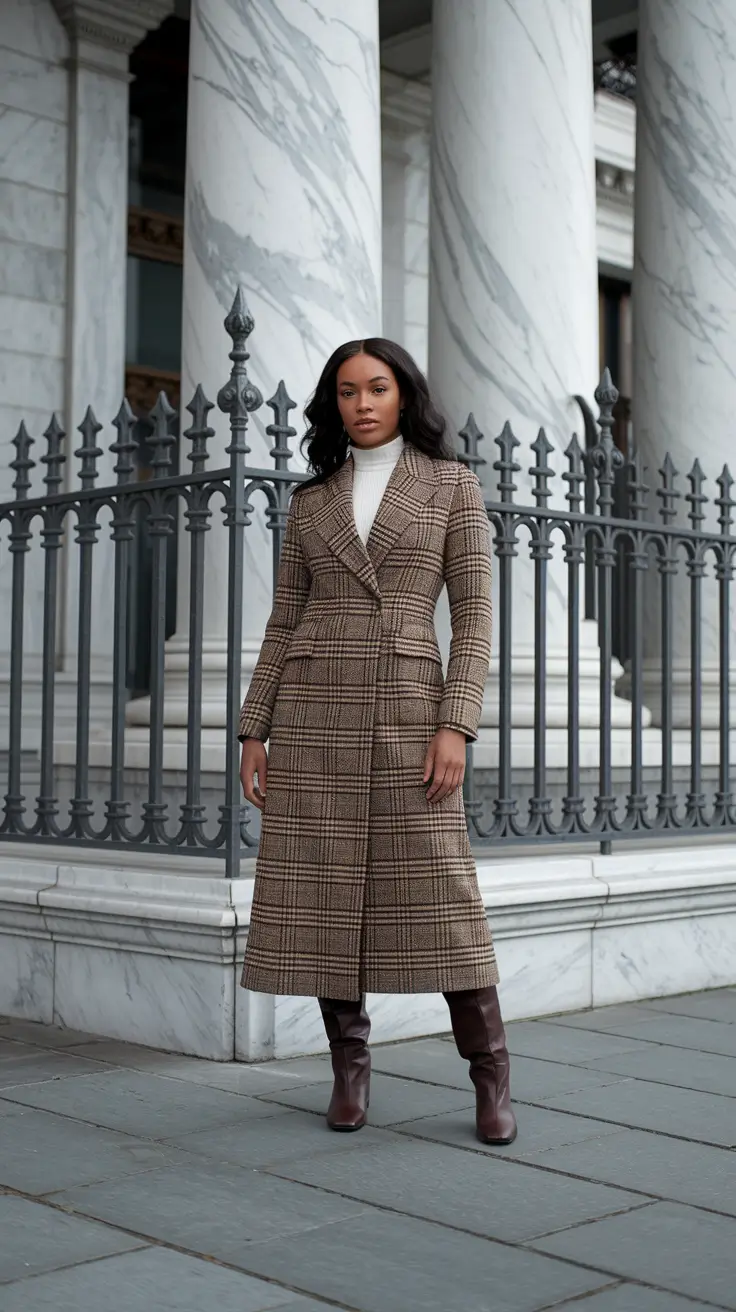 Black Girl Winter Outfits 2025-2026 Tailored Check Coat And Cream Turtleneck