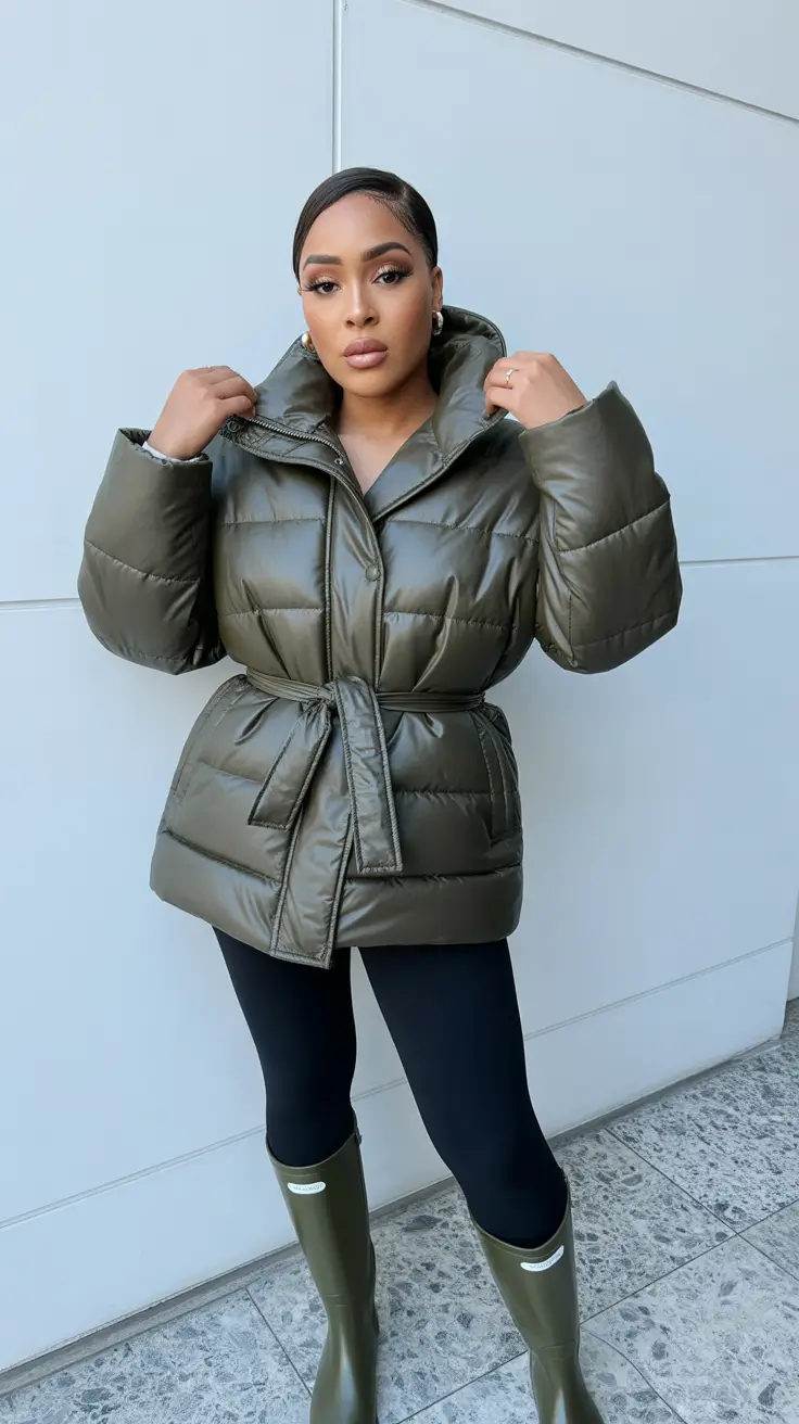 Black Girl Winter Outfits 2025-2026 - Olive Belted Puffer With Storm Ready Wellies
