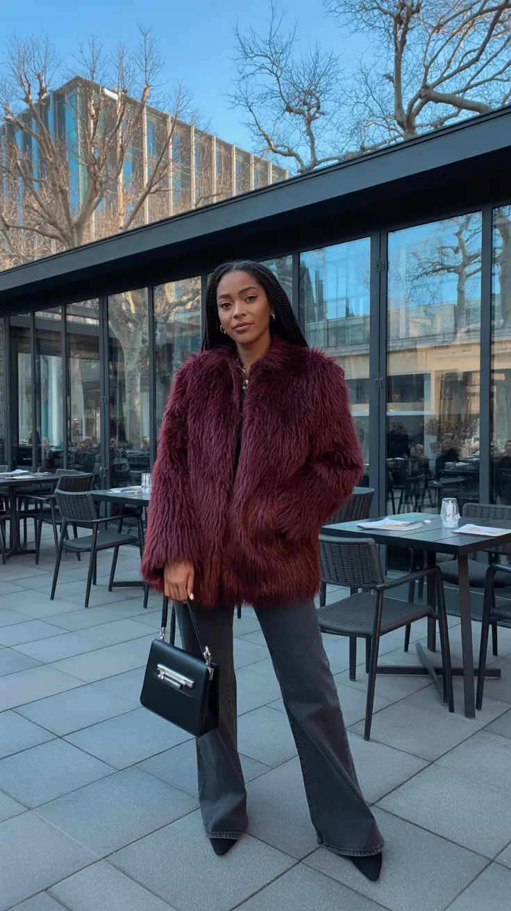 Black Girl Winter Outfits 2025-2026 - Burgundy Faux Fur And Flared Denim Night Out