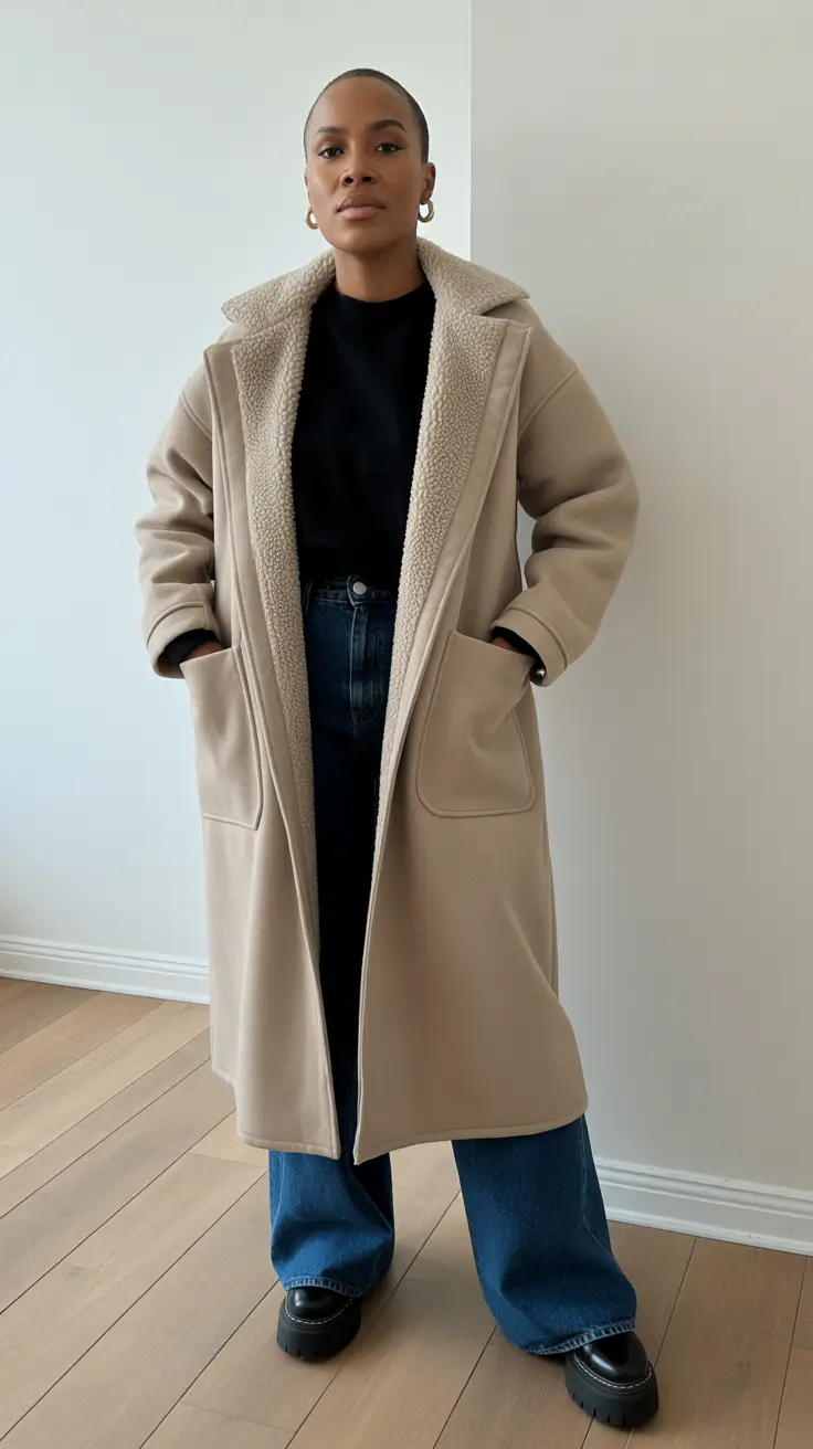Black Girl Winter Outfits 2025-2026 - Shearling Lined Camel Coat With Wide Leg Jeans