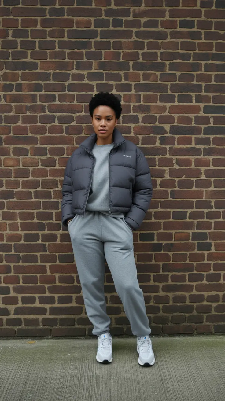 Black Girl Winter Outfits 2025-2026 Monochrome Grey Set With Cropped Puffer