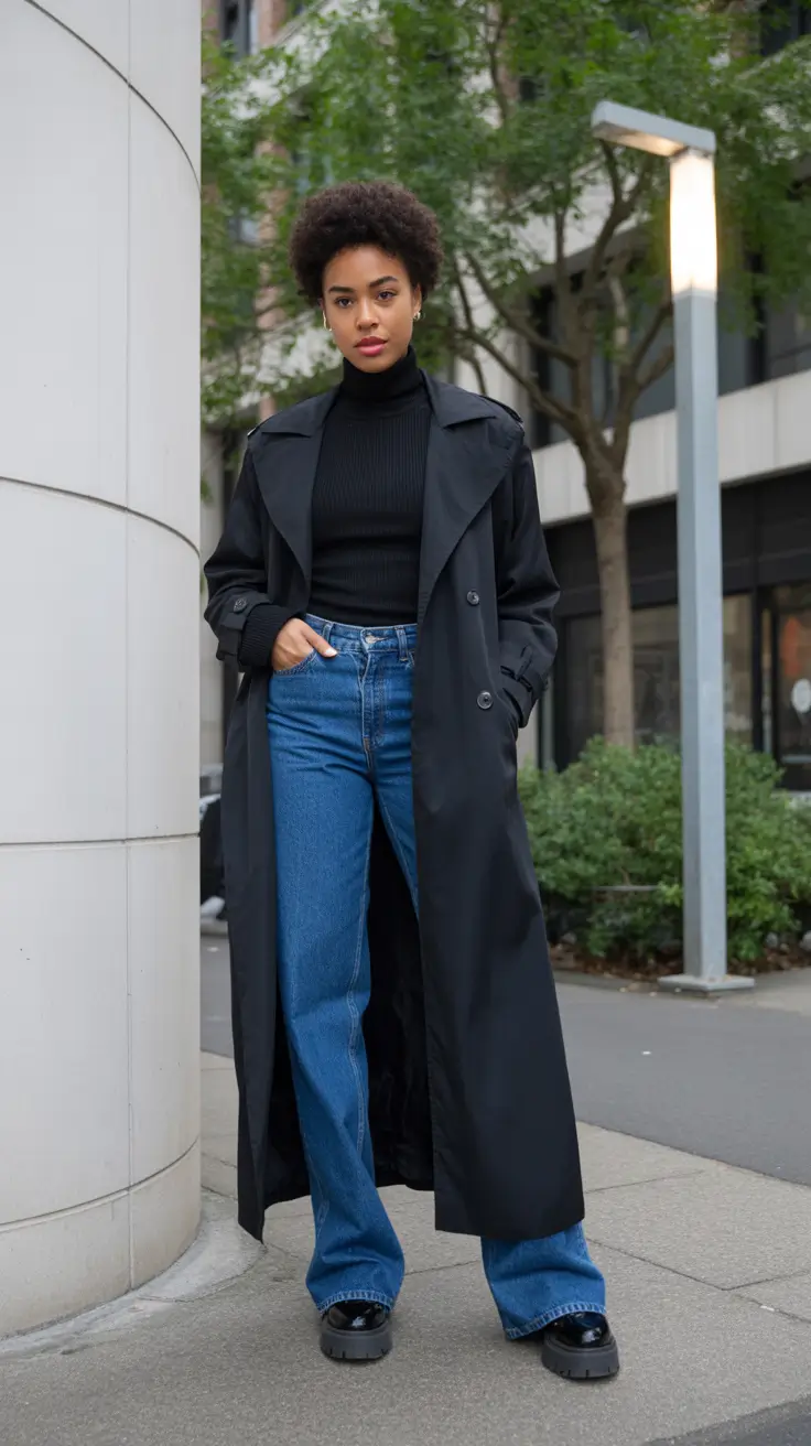 Black Girl Winter Outfits 2025-2026 Long Trench, Ribbed Knit, And True-Blue Denim