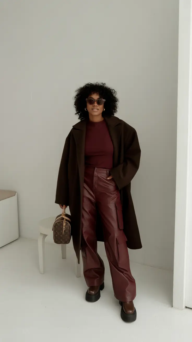 Black Girl Winter Outfits 2025-2026 - Merlot Monochrome With Cargo Leather