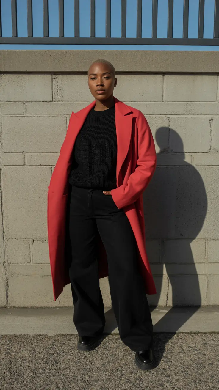 Black Girl Winter Outfits 2025-2026 Pop-Color Coat Over All-Black Base