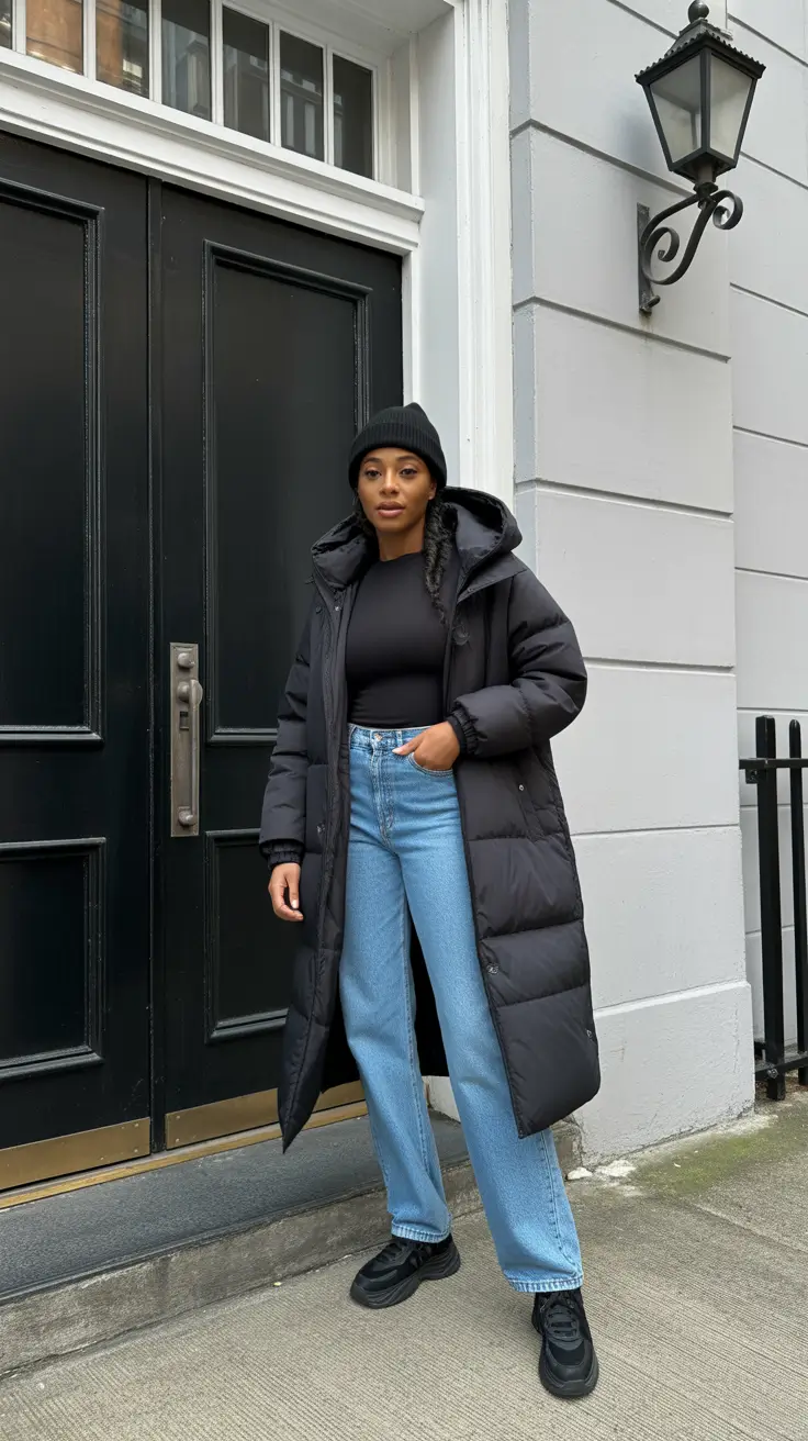 Black Girl Winter Outfits 2025-2026 - Puffer Street Uniform With Straight Leg Denim