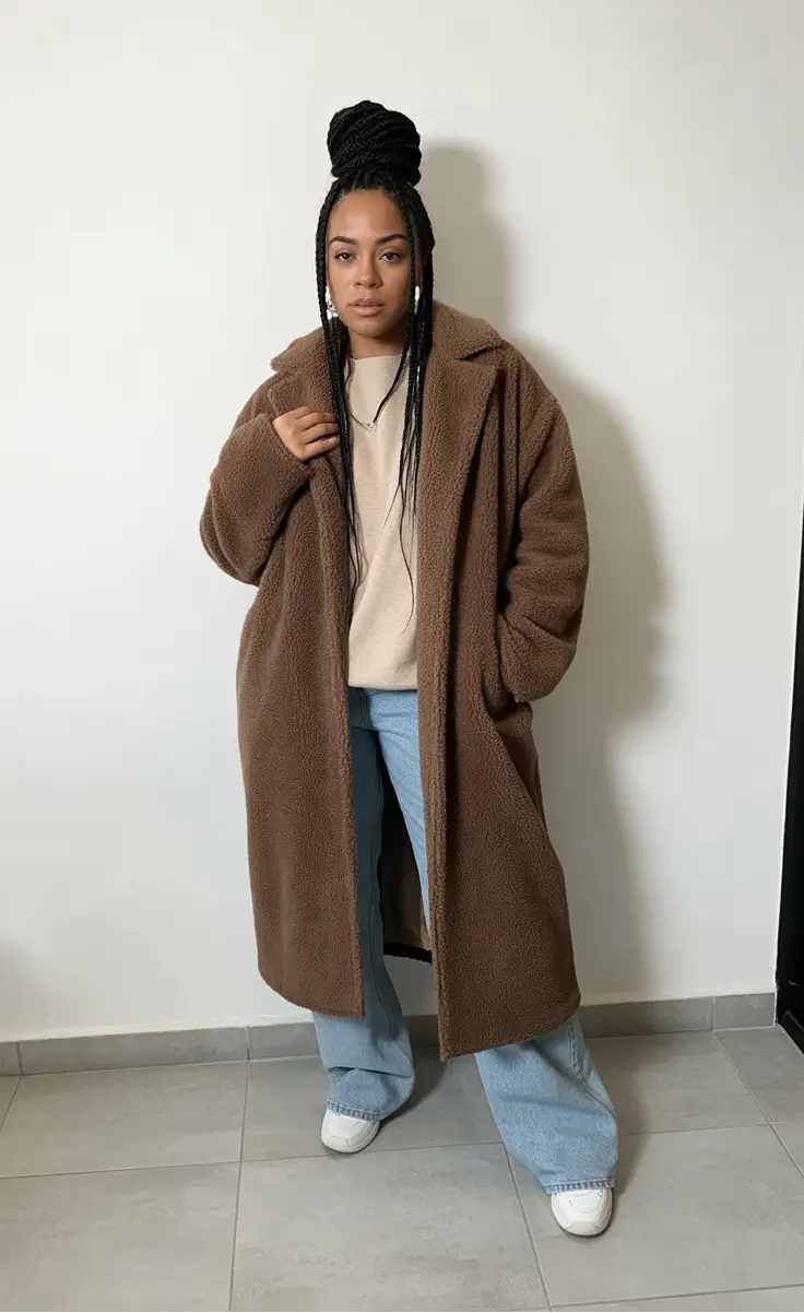 Black Girl Winter Outfits 2025-2026 Teddy Maxi With Light Denim