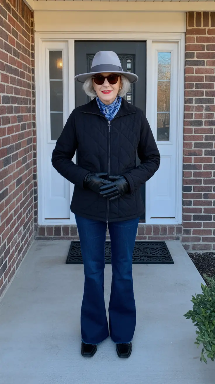 Outfits for Women Over 60 Winter 2025 - 2026 - Quilted Jacket, Flared Denim, and a Soft-Brim Hat
